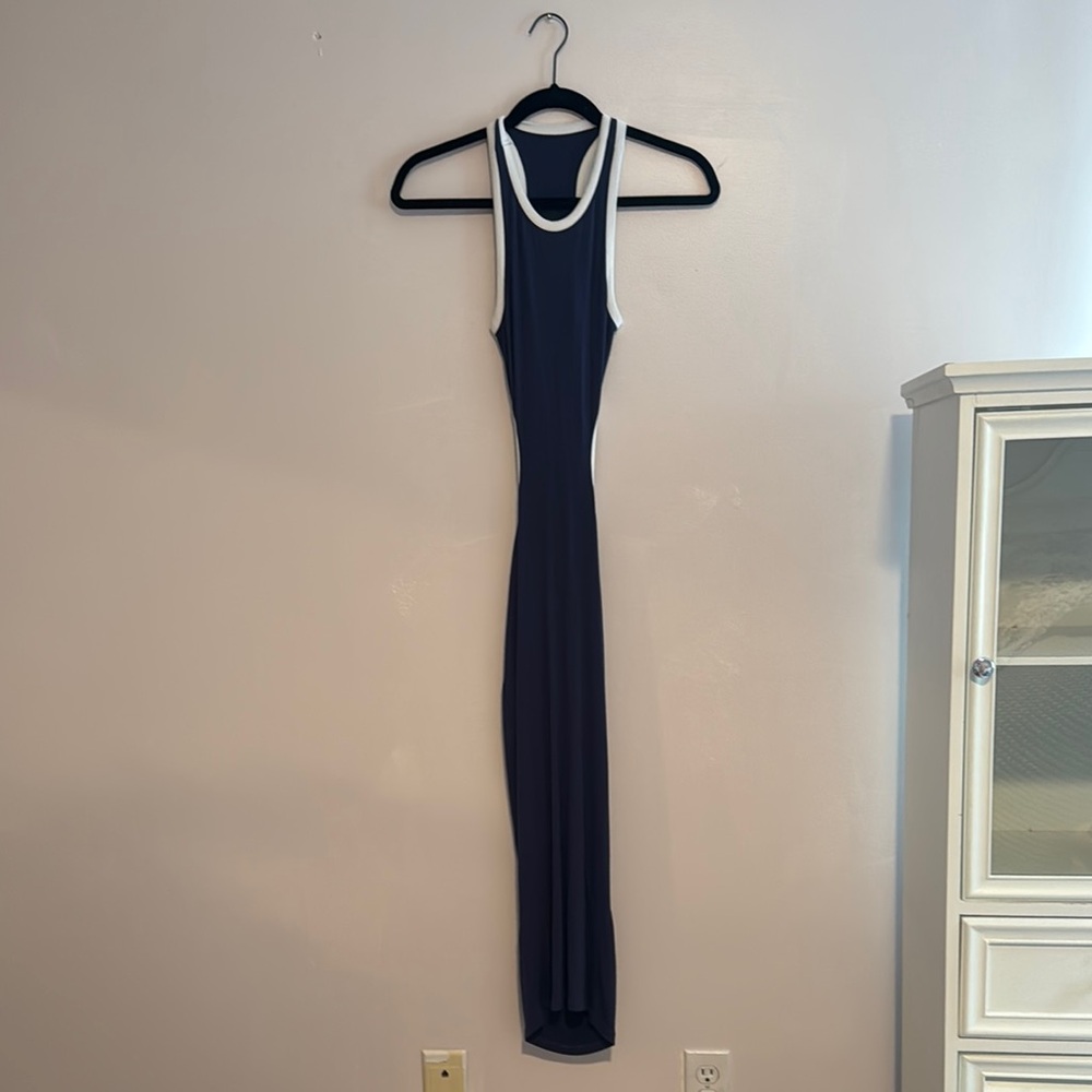 Summer sideless body-con dress navy blue with white linning